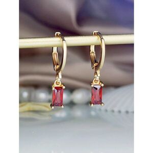 Emerald Cut Ruby Red Color Rhinestone Drop Earrings Dangle Pendant Charm Gold